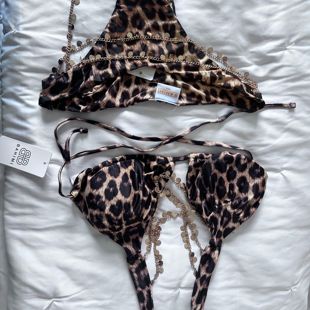 Bahimi Leopard Print Bikini with Chain Accents